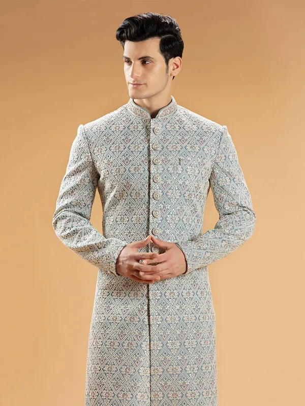 Grey silk wedding wear sherwani