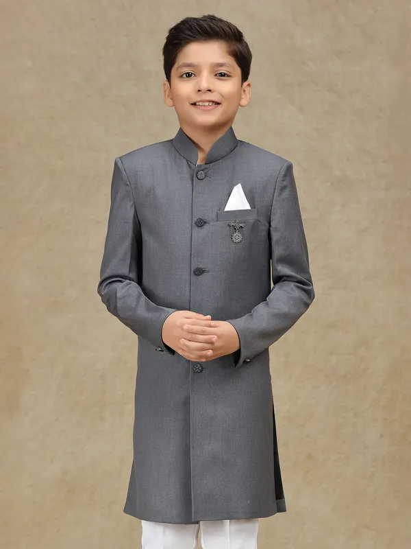 Grey terry rayon reception wear indowestern