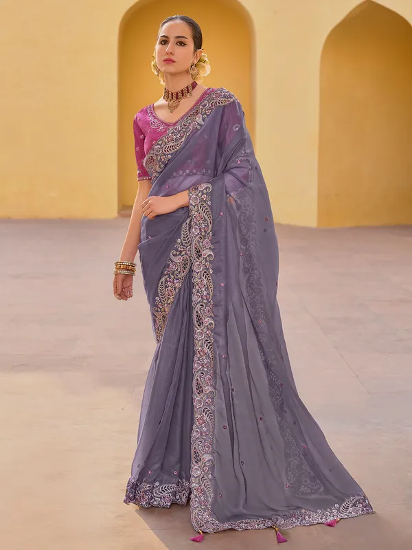 Grey tissue organza silk saree