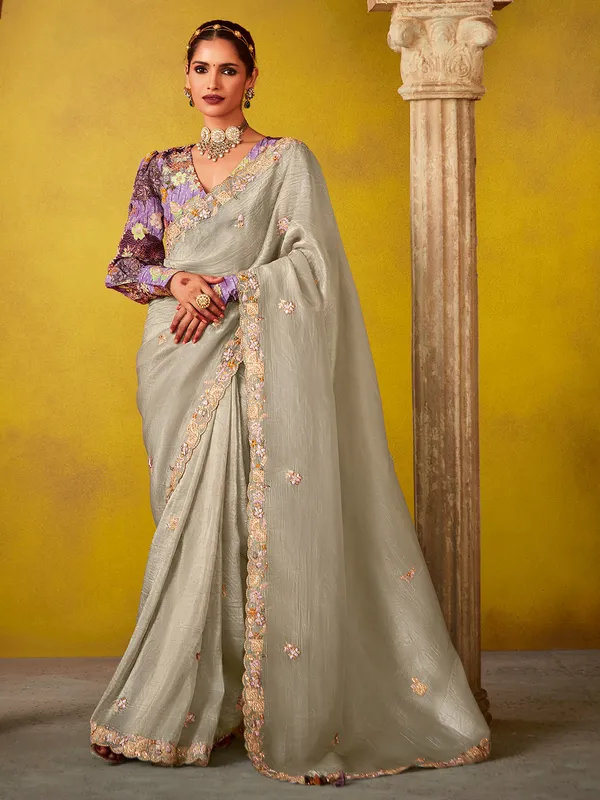 Grey tissue silk festive wear saree