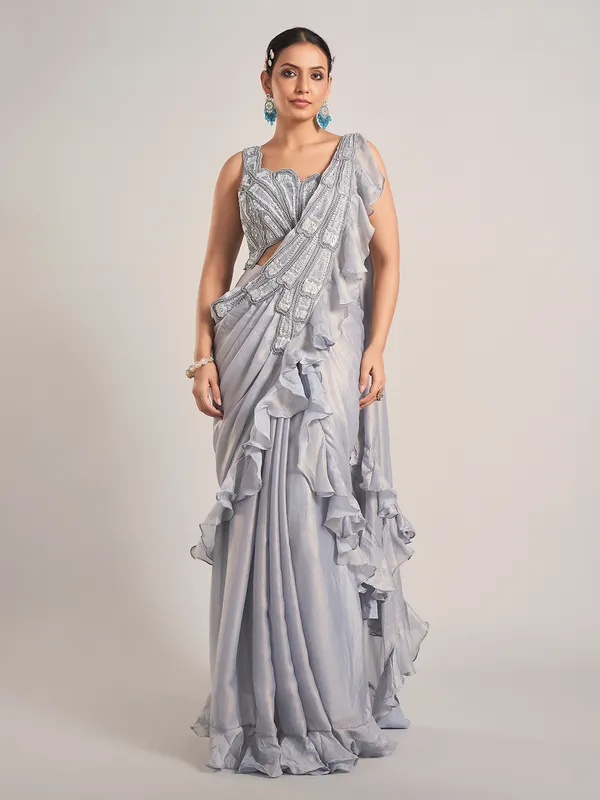 Grey tissue silk party wear saree