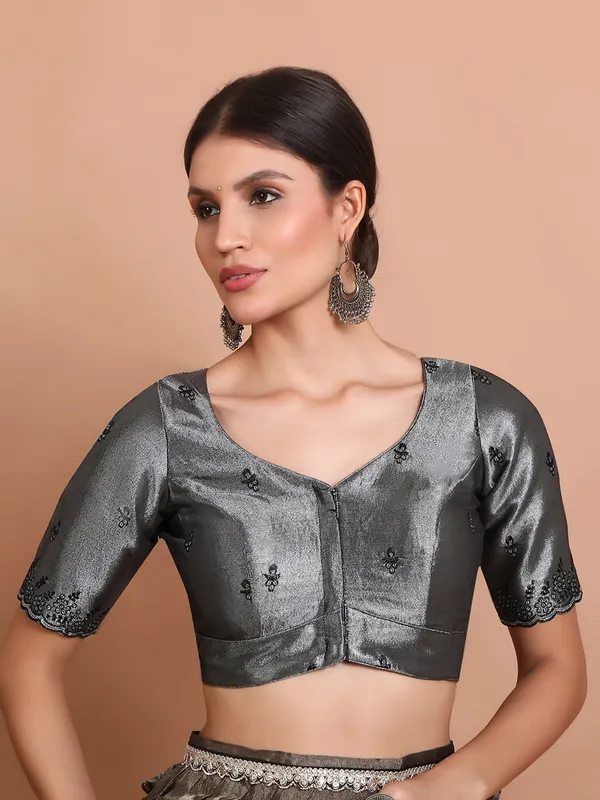 Grey tissue silk ready made blouse with sequin embroidery