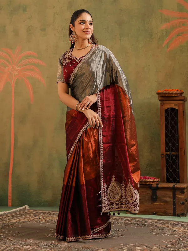 Grey tissue silk saree with unstitched blouse