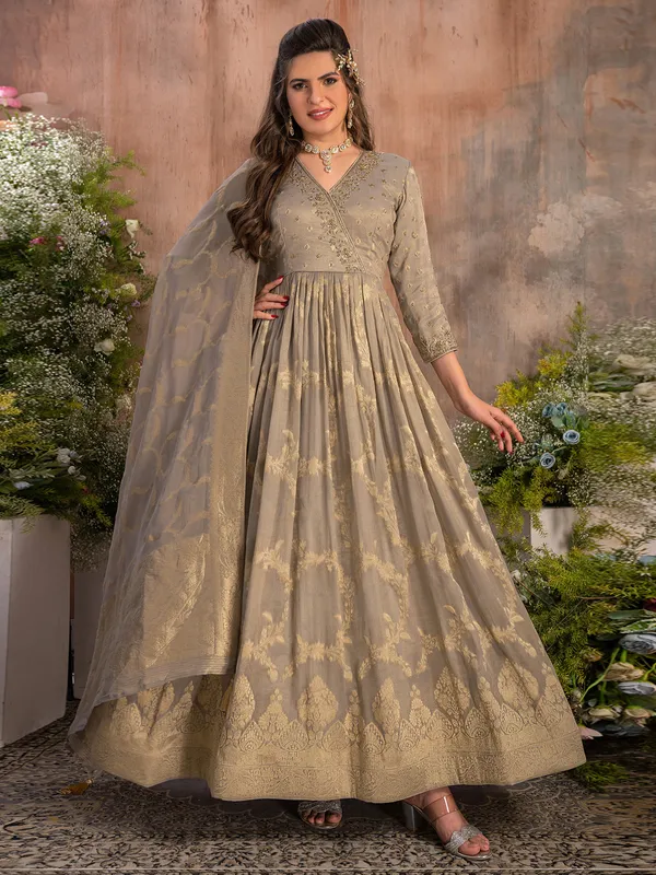 Grey tissue silk zari weaving anarkali suit