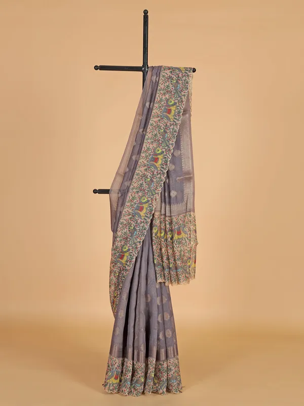 Grey zari weaving semi cotton silk saree