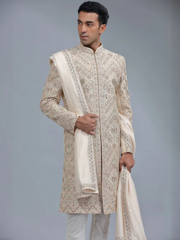 Groom style raw silk cream raw silk sherwani for men