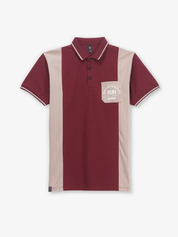 GS78 maroon color block cotton polo t-shirt