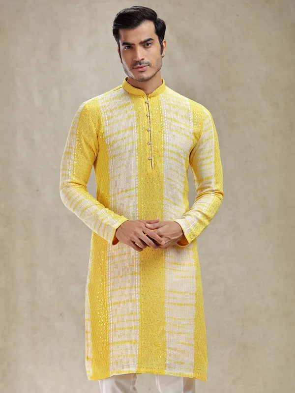 Haldi special printed yellow kurta suit for men
