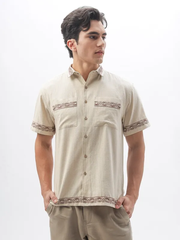 HAMPTONS beige embroideried cotton linen shirt