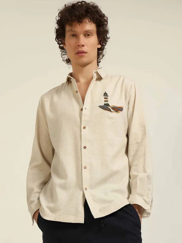 HAMPTONS beige mens casual shirt in embroidery design