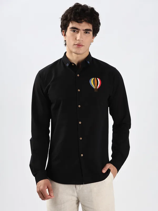 HAMPTONS black embroidered cotton linen shirt