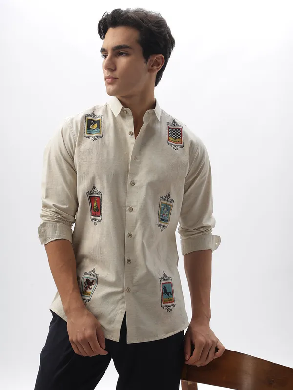 HAMPTONS cream opaque printed casual shirt