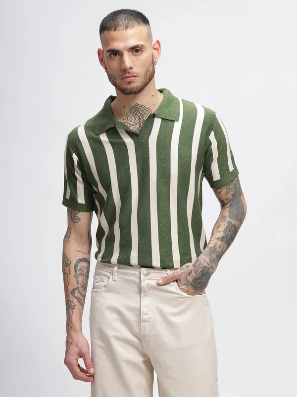 HAMPTONS green striped cotton polo t-shirt