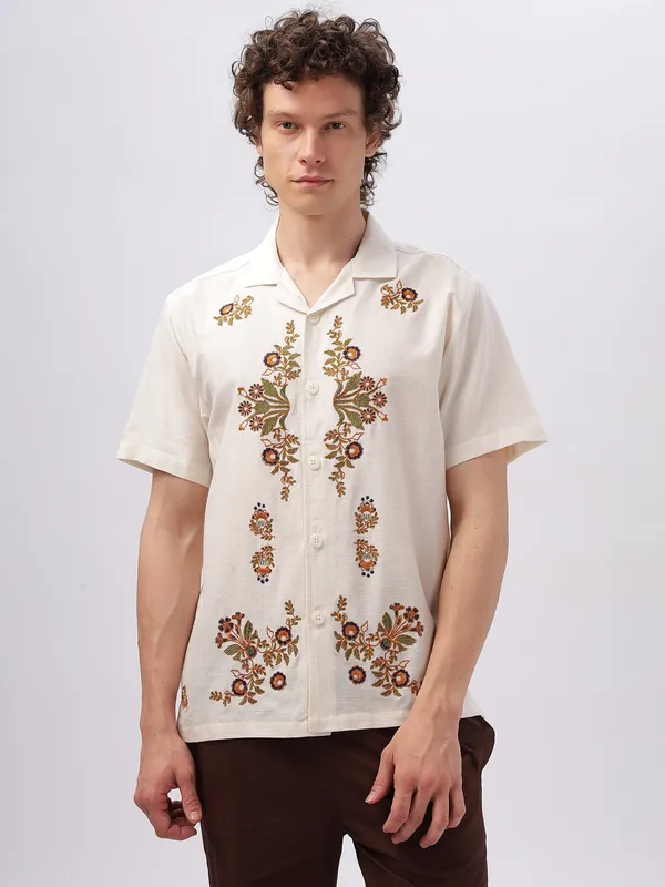 HAMPTONS light cream notch lapel cotton linen casual shirt