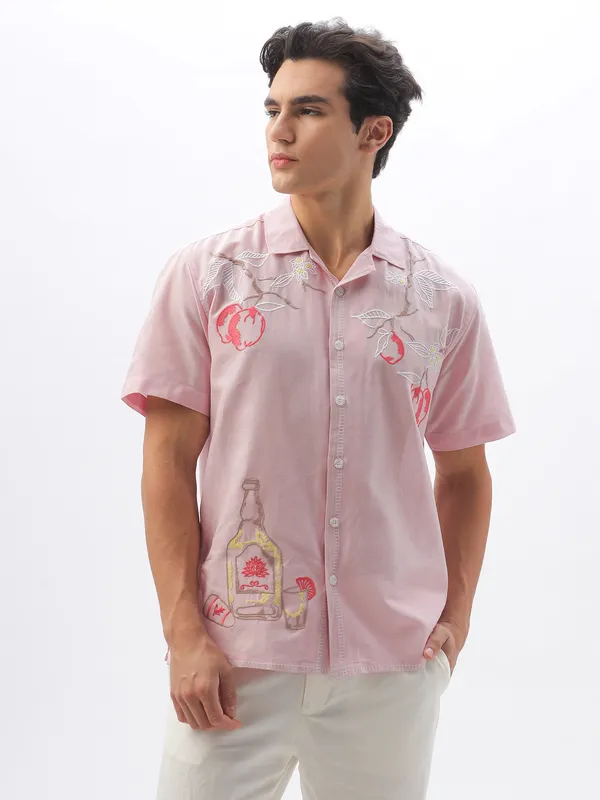 HAMPTONS pink cotton linen embroidered casual shirt