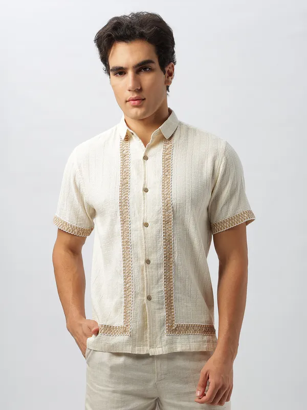 HAMPTONS textured beige slim fit cotton linen shirt