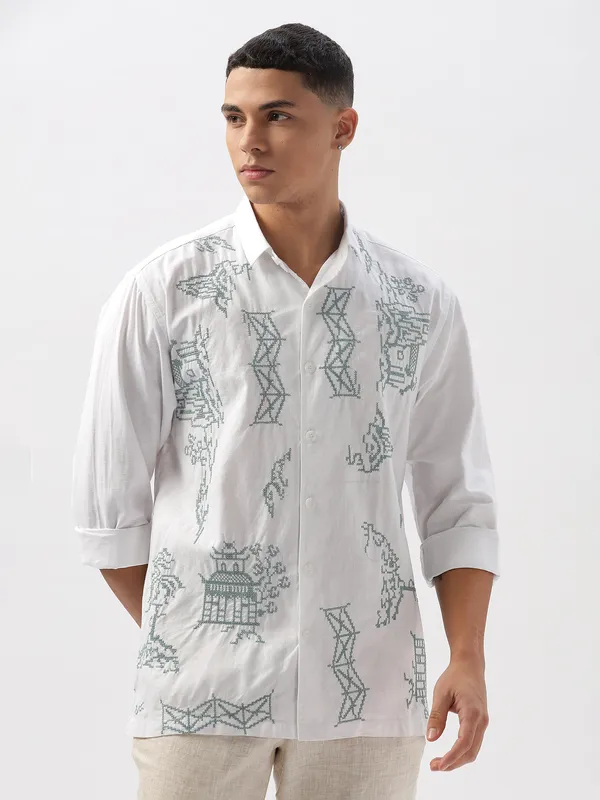 HAMPTONS white embroidered cotton linen shirt