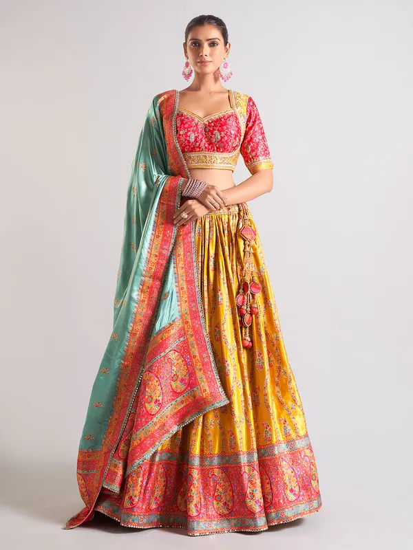 Heavy mustard yellow silk lehenga choli