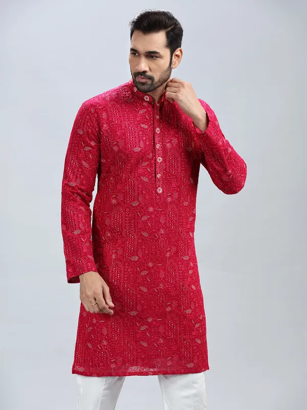 Hot pink georgette kurta set for men