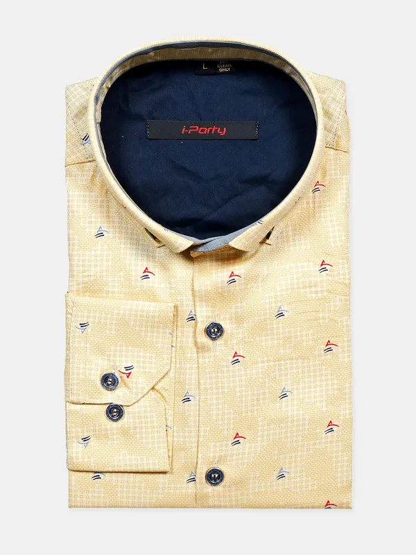 I Party yellow hued printed shirt for mens