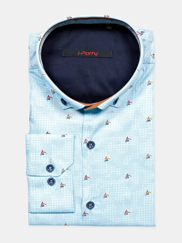 I Party sky blue printed cotton shirt