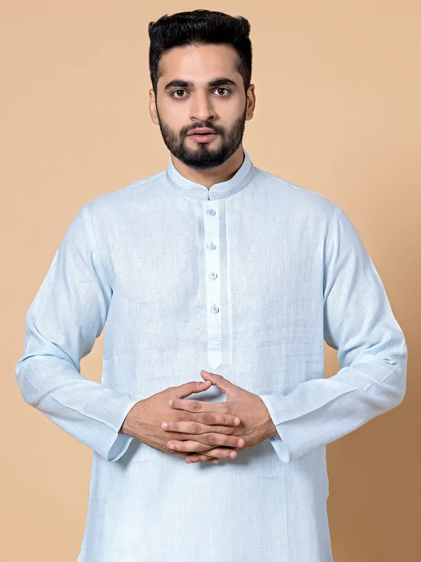 Ice blue linen plain kurta suit