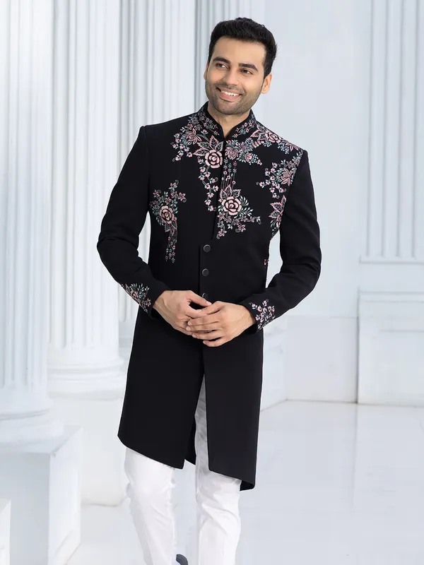 Impressive black terry rayon Indowestern for man