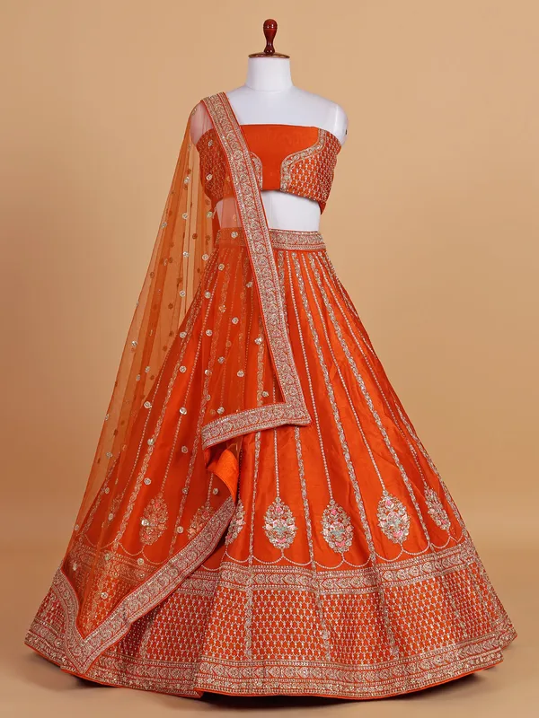 Impressive orange weding wear silk lehenga choli