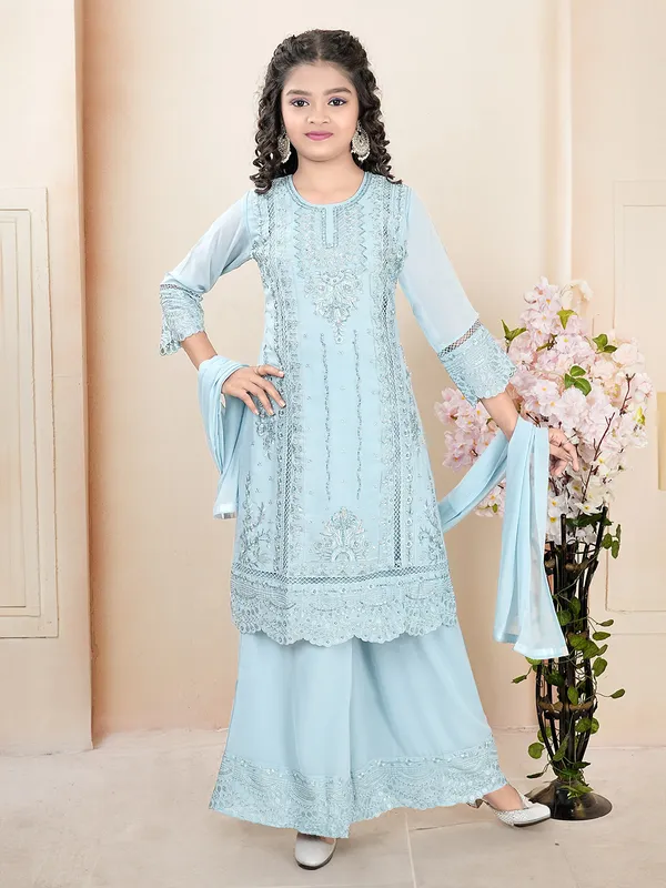 In silk light blue palazzo salwar suit