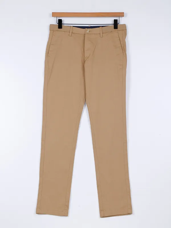 Indian Terrain khaki solid cotton casual trouser