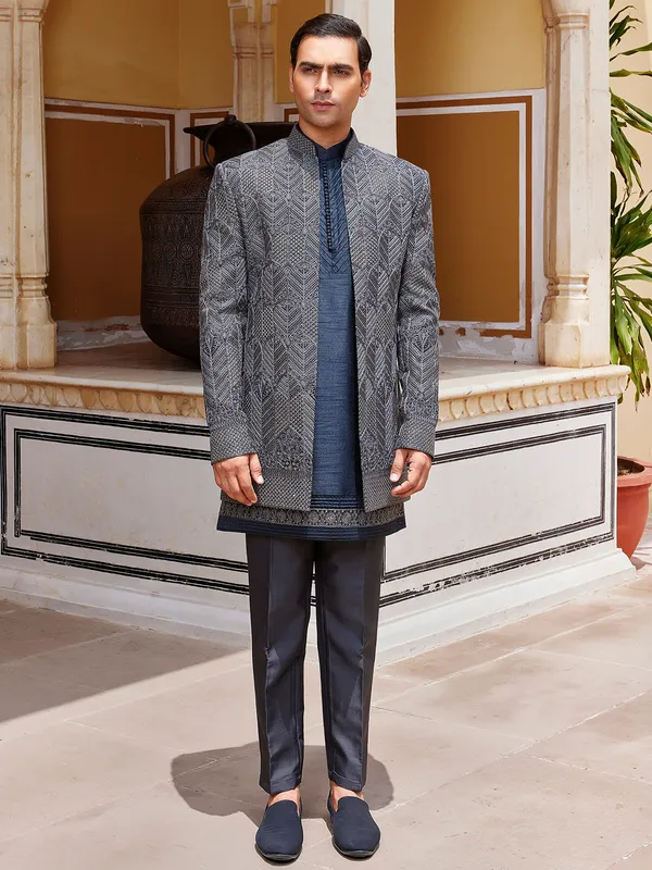 Indigo blue charming indo western in raw silk for men