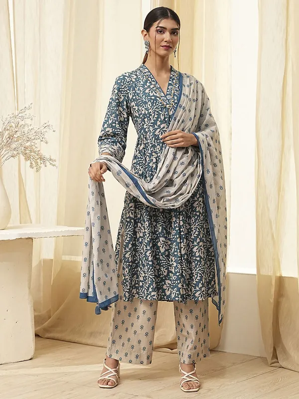 Indigo blue printed cotton silk kurti set