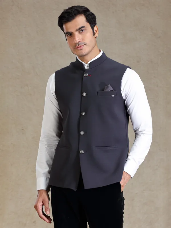 Ink grey textured jute fabric nehru jacket for men