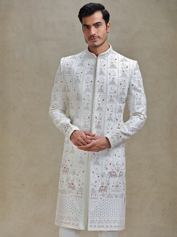 Ivory cream ethnic charm sherwani for mens