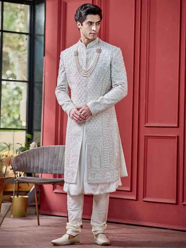 Ivory cream peshwahi sherwani in silk