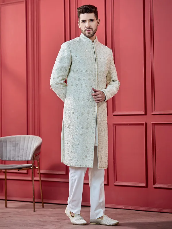 Ivory cream peshwahi style sherwani for groom