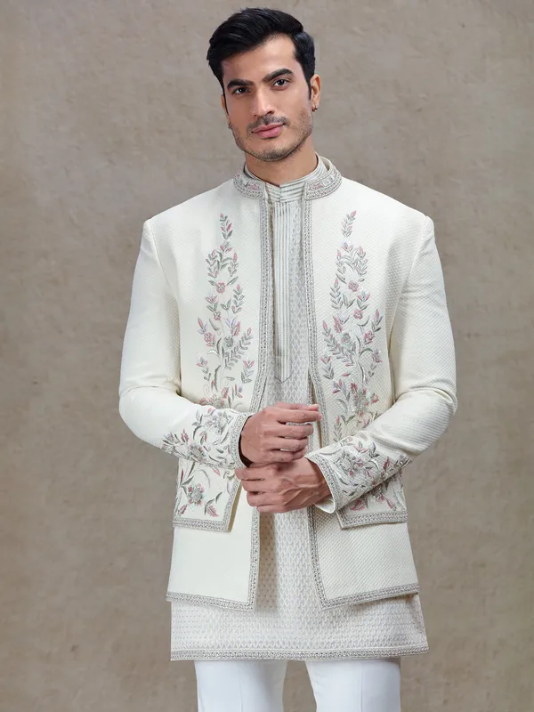 Ivory cream short jacket style indo-western for reception
