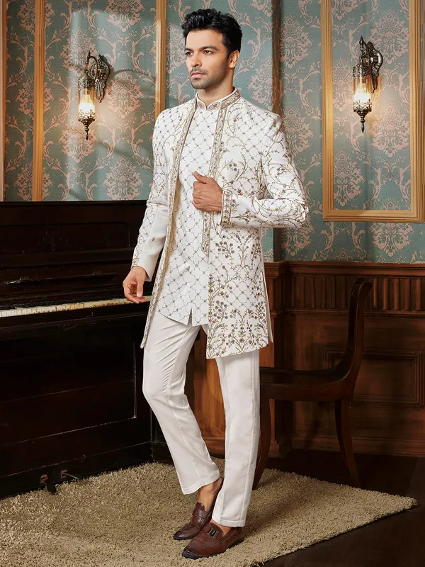 Ivory terry rayon Indowestern with colorful thread embellishment