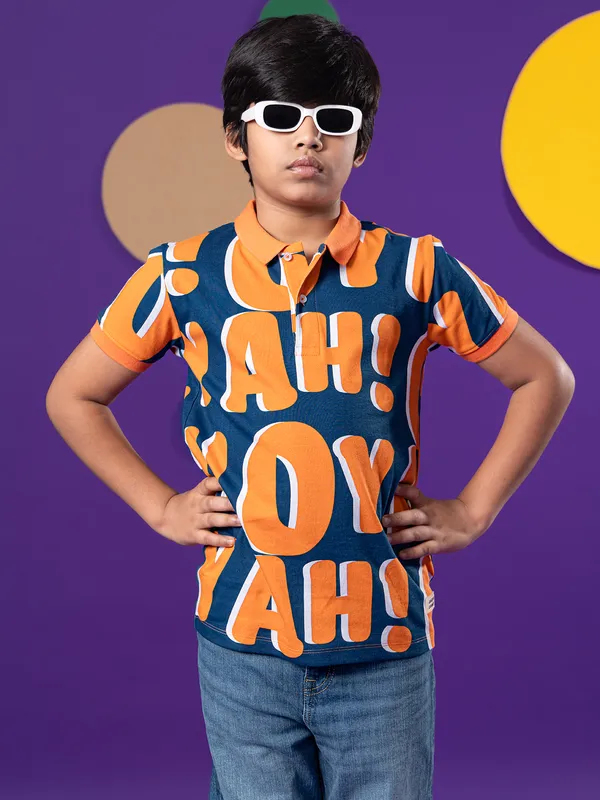 JACK&JONES printed orange and blue polo t-shirt