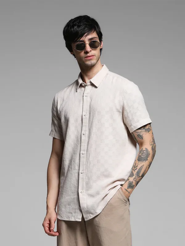 JACK & JONES light pink texture cotton slim fit shirt
