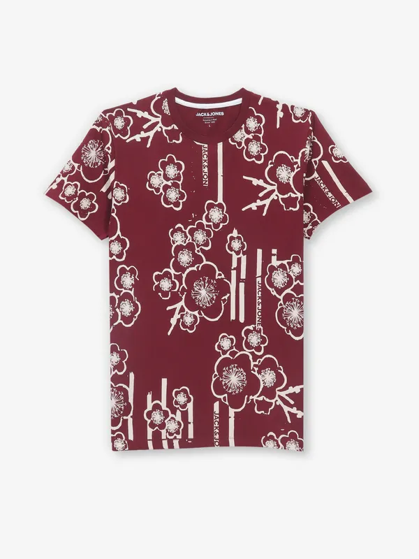 JACK & JONES maroon printed cotton t-shirt