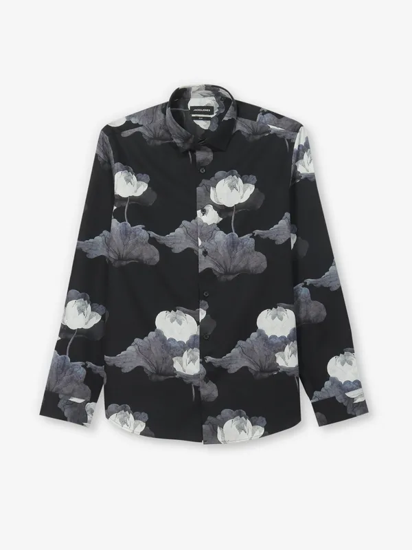JACK & JONES printed black cotton shirt for mens wear