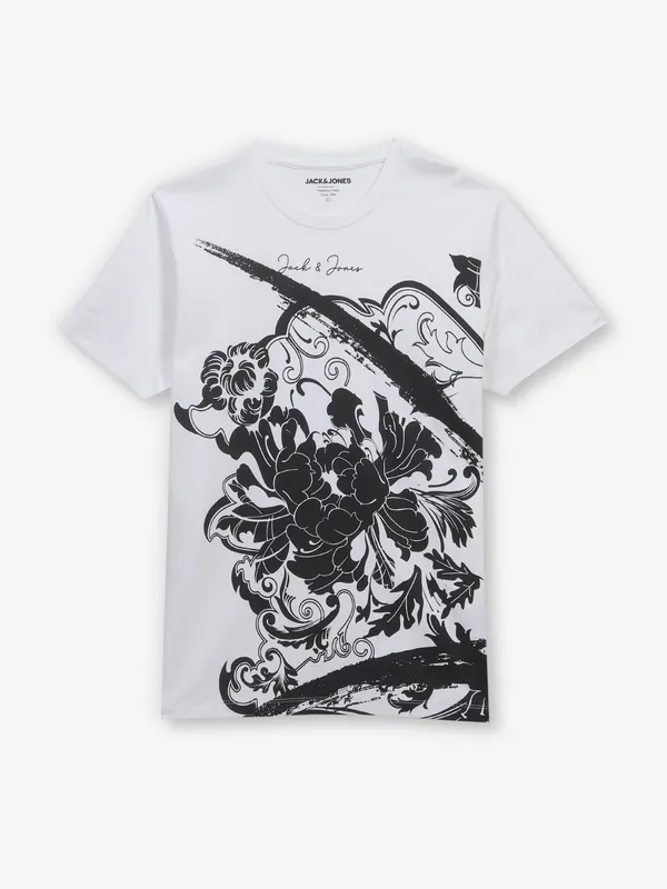 JACK & JONES white printed cotton t-shirt