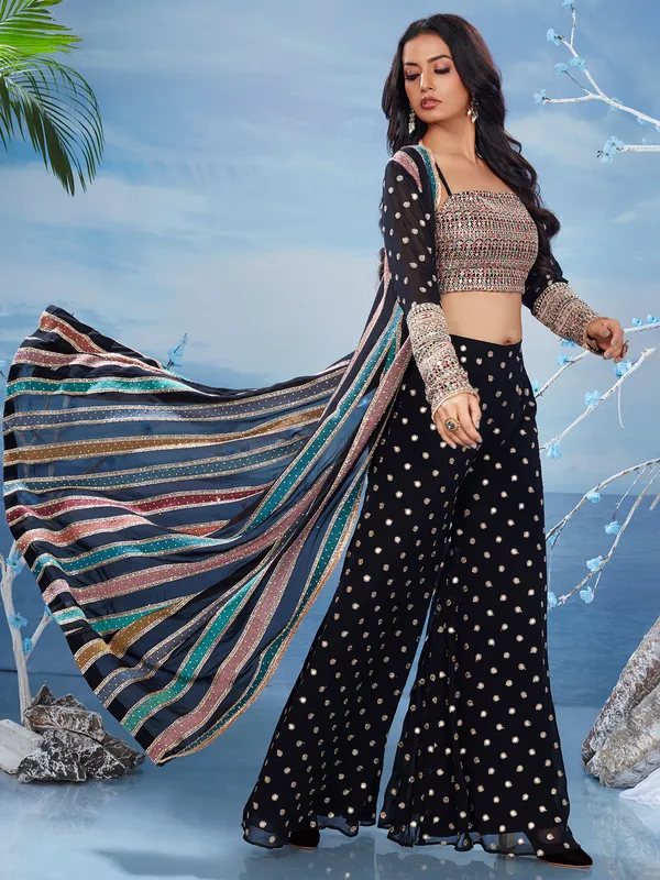 Jacket style black embroidery salwar suit for wedding