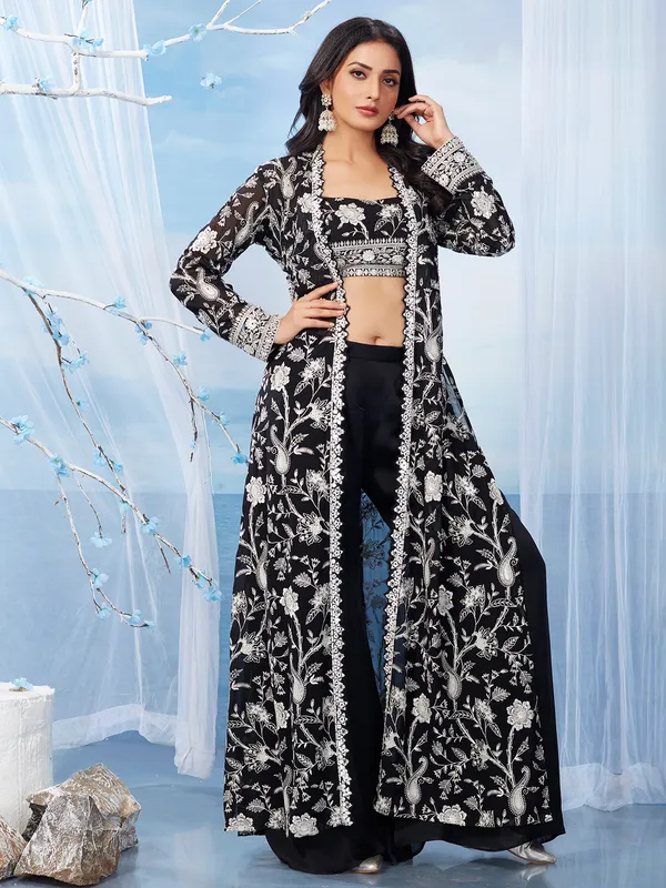 Jacket style black palazzo salwar suit