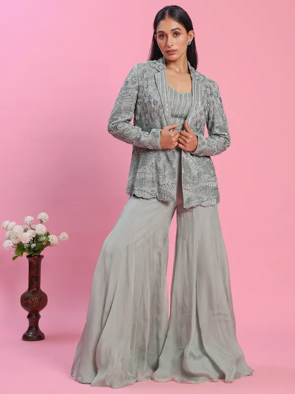 Jacket style grey georgette sharara suit