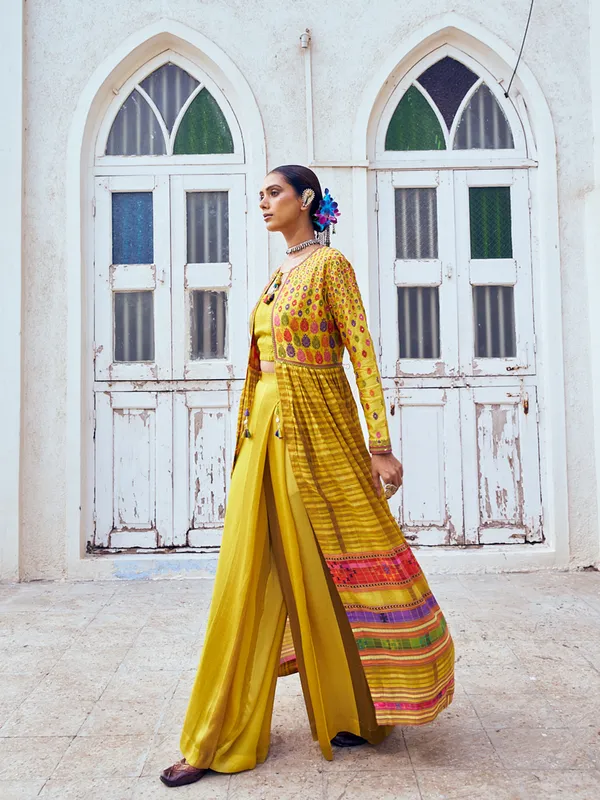 Jacket style mustard yellow silk palazzo suit