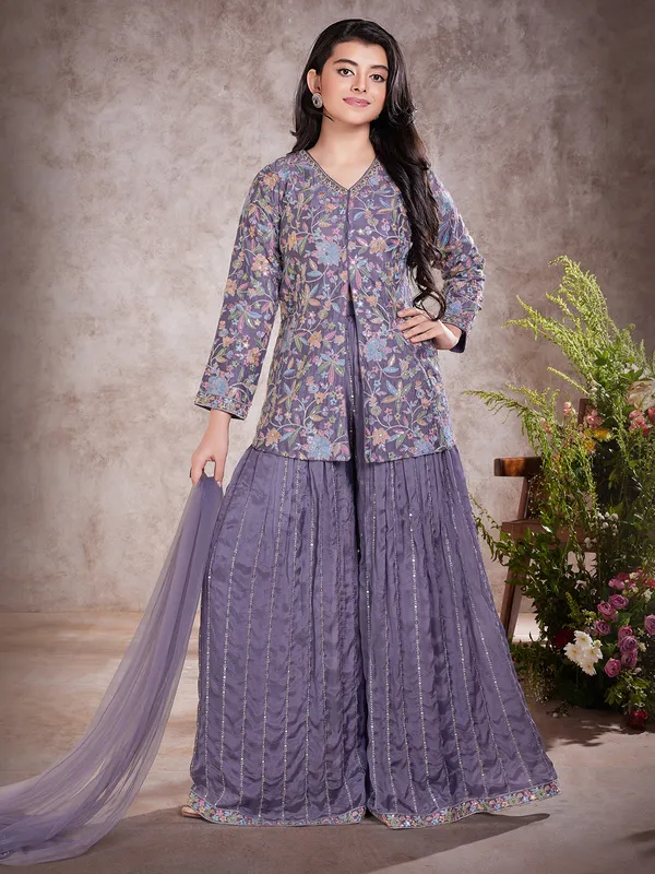 Jacket style purple silk palazzo suit for girls