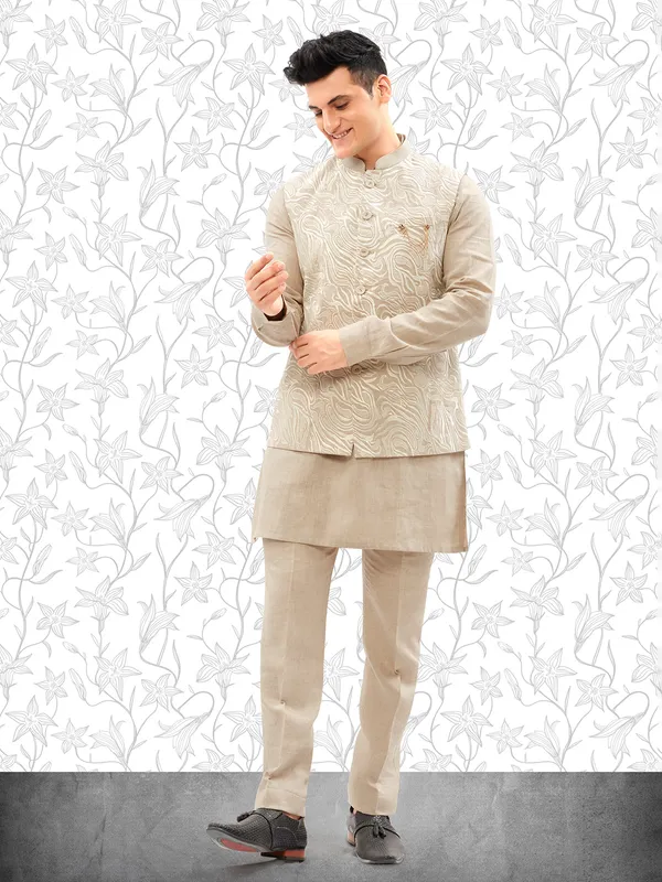Khakhi cotton embroidery waistcoat set for men