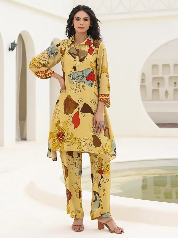 Khakhi silk kurti set with print